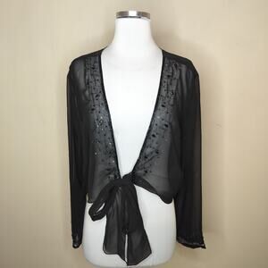 Bella Blue Sheer Tie Front Blouse Beaded Dressy Cocktail Y2K